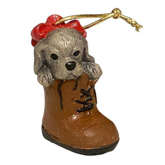 Vintage Puppy Dog with red bow in a shoe Christmas Ornament - Picture 11 of 11